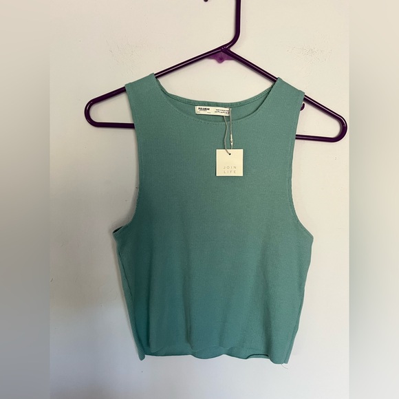Pull&Bear Green Ribbed Tank Top Sleeveless Crop‎ Top Medium Join Life NWT 0079 - Picture 1 of 4